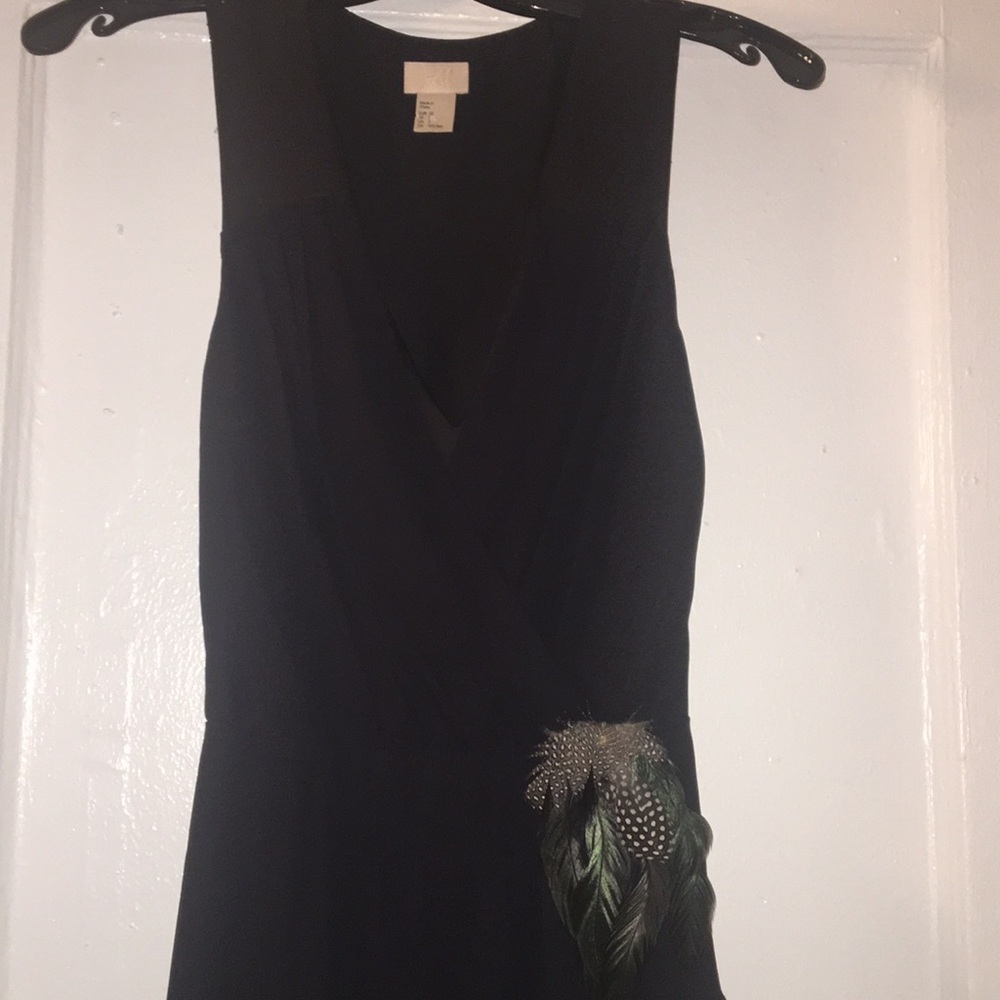 H&M black silk dress with peacock feather decor